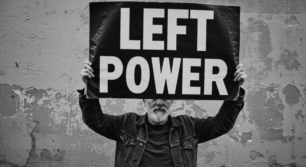 ¿Qué deporte les favorece a los zurdos? 2 Fotografía en blanco y negro de una persona sosteniendo un cartel que dice "Left Power" (Poder de Izquierda). Imagen de manifestación o activismo político.