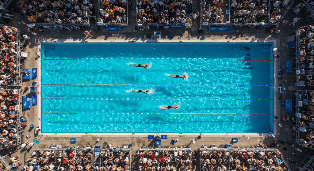 Natación competitiva: todo lo que necesitas saber sobre este deporte 3 Competencia de natación: vista aérea de nadadores en la piscina. Deporte acuático, natación, atletas