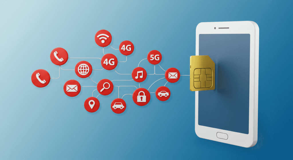 Redes móviles: E, GPRS, 3G, 4G y 5G 1 Conexión móvil 5G y 4G: Ilustración de smartphone con iconos de redes y conectividad. Descubre las últimas tecnologías en telefonía móvil y cómo estar siempre conectado. Imagen para blogs sobre tecnología y telecomunicaciones