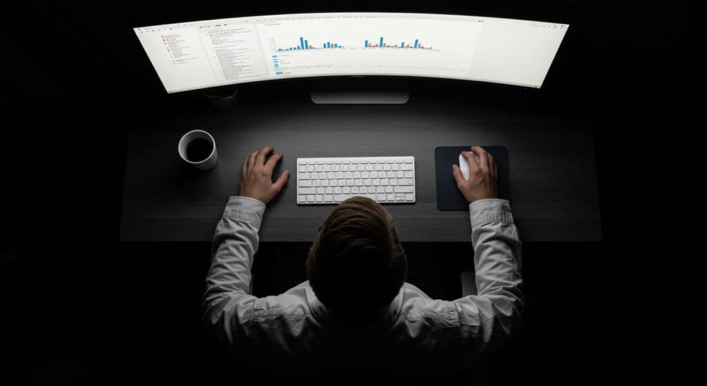 La Deep Web: La otra parte del internet 4 Imagen de persona trabajando en el ordenador en la oscuridad. Iluminación enfocada en la pantalla, teclado y manos. Ideal para artículos sobre trabajo remoto, productividad y tecnología. Descubre la experiencia del teletrabajo nocturno. #TrabajoRemoto #Teletrabajo #Productividad #Tecnología #OficinaEnCasa