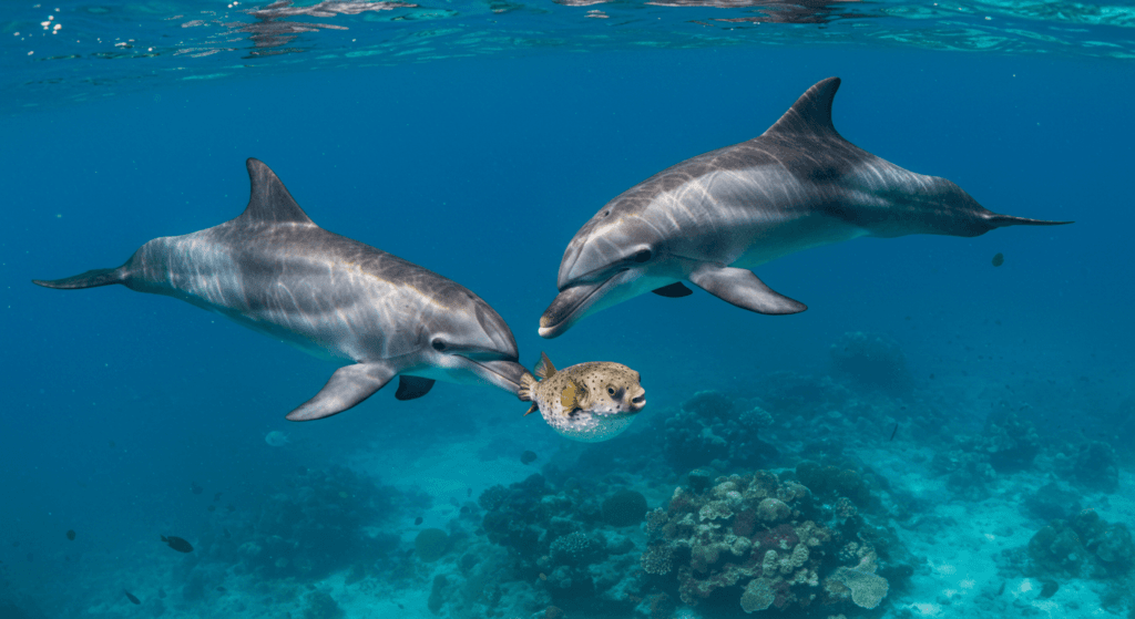 Animales que se drogan: la sorprendente búsqueda del placer en la naturaleza 2 Delfines y pez globo. Dos delfines jugando con un pez globo inflado bajo el agua, sobre un arrecife de coral. Imagen de vida marina