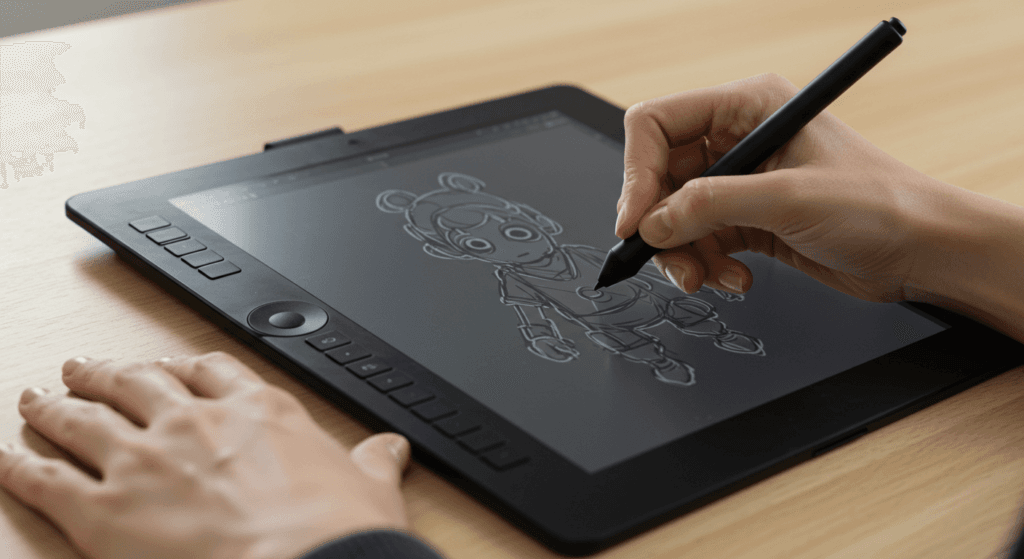 ¿Los genios del arte calcaban sus obras? Descubre la verdad detrás de la imitación en el arte 6 Imagen de alguien dibujando digitalmente con un lápiz sobre una tableta gráfica. Se ve un boceto en la pantalla. Ideal para contenido sobre diseño gráfico, ilustración digital o tecnología para artistas.