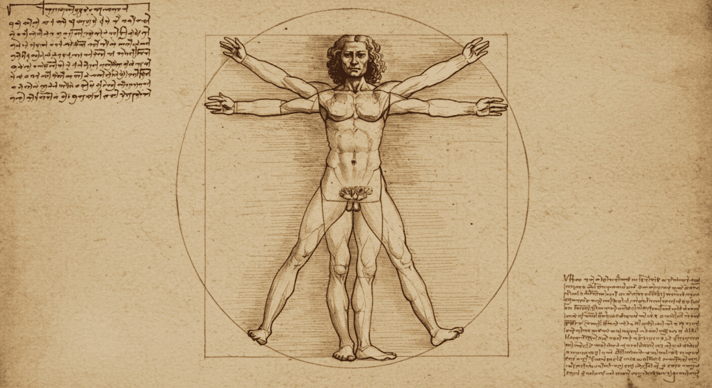 Inventos de Leonardo da Vinci: Parte 2 7 Dibujo del Hombre de Vitruvio de Leonardo da Vinci. Estudio anatómico y proporciones humanas.