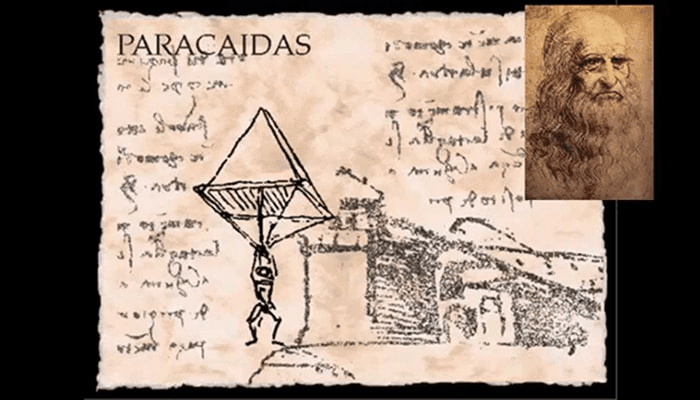Inventos de Leonardo da Vinci: Parte 1 4 Boceto del diseño de paracaídas de Leonardo da Vinci. Dibujo antiguo sobre pergamino con notas manuscritas y figura bajo paracaídas piramidal. Incluye retrato de Leonardo da Vinci. Diseño histórico e invento