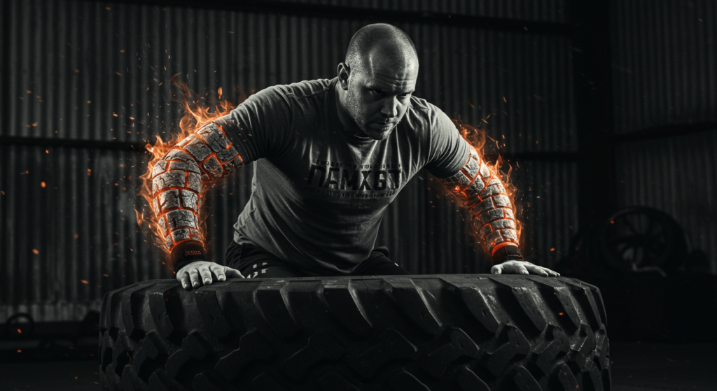 ¿Por qué nos duelen los músculos después de hacer ejercicio? 5 Hombre calvo haciendo ejercicio con neumático. Imagen de entrenamiento con efecto visual de brazos en llamas. Ideal para promover fitness extremo y motivación deportiva.
