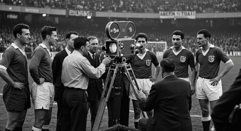 Copa Mundial: curiosidades y datos que pocos conocen 2 "Fotografía antigua: equipo de fútbol rodeando una cámara de televisión en un estadio. Historia del deporte, fútbol, retransmisión televisiva."