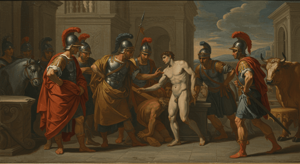 Hechos históricos que cambiaron la literatura para siempre 7 Pintura neoclásica con figuras en vestimenta romana antigua, incluyendo soldados, un hombre semidesnudo y animales. Ideal para contenido sobre historia del arte, el Imperio Romano o el Neoclasicismo.