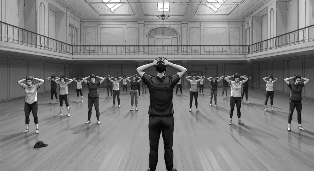 ¿Por qué nos duelen los músculos después de hacer ejercicio? 6 Grupo haciendo estiramientos en gimnasio. Imagen en blanco y negro tipo boceto de clase de calentamiento deportivo. Ideal para promover salud, deporte en grupo y bienestar.