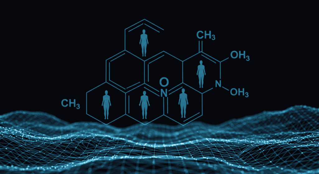 La verdad de los Esteroides 3 Representación gráfica de una estructura química con figuras humanas. Imagen abstracta sobre ciencia, hormonas y salud. Diseño accesible para personas con discapacidad visual.