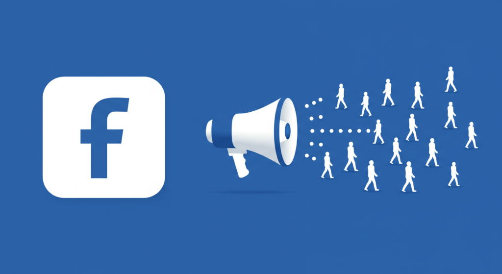 Como nació: Facebook, el rey de las redes sociales 6 Imagen conceptual: Logo de Facebook junto a un megáfono del que emergen siluetas de personas caminando, simbolizando la difusión de información.