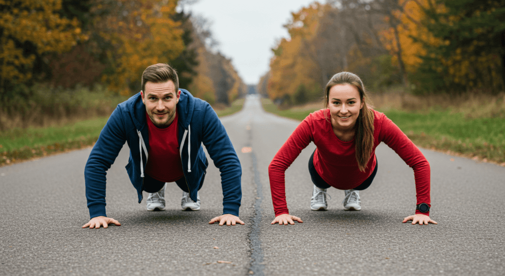 10 razones por las que hacer deporte mejora tu salud y bienestar 2 Hombre y mujer haciendo flexiones en la calle. Ejercicio en pareja al aire libre, vida activa y saludable