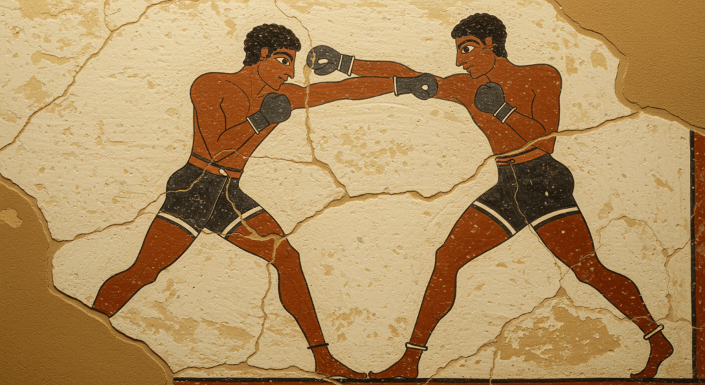 El Arte del Boxeo: Historia, Evolución y Maestría en el Ring 1 Fresco antiguo representando a dos boxeadores en combate, estilo minoico. Arte antiguo, boxeo y cultura minoica.