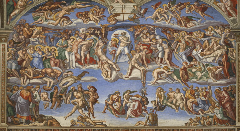 Miguel Ángel Buonarroti: el hombre que definió el arte y la escultura clásica 5 Detalle del fresco "El Juicio Final" de Miguel Ángel en la Capilla Sixtina, mostrando figuras ascendiendo al cielo y cayendo al infierno. Ideal para contenido sobre arte renacentista, el Vaticano o la historia de la Iglesia Católica.