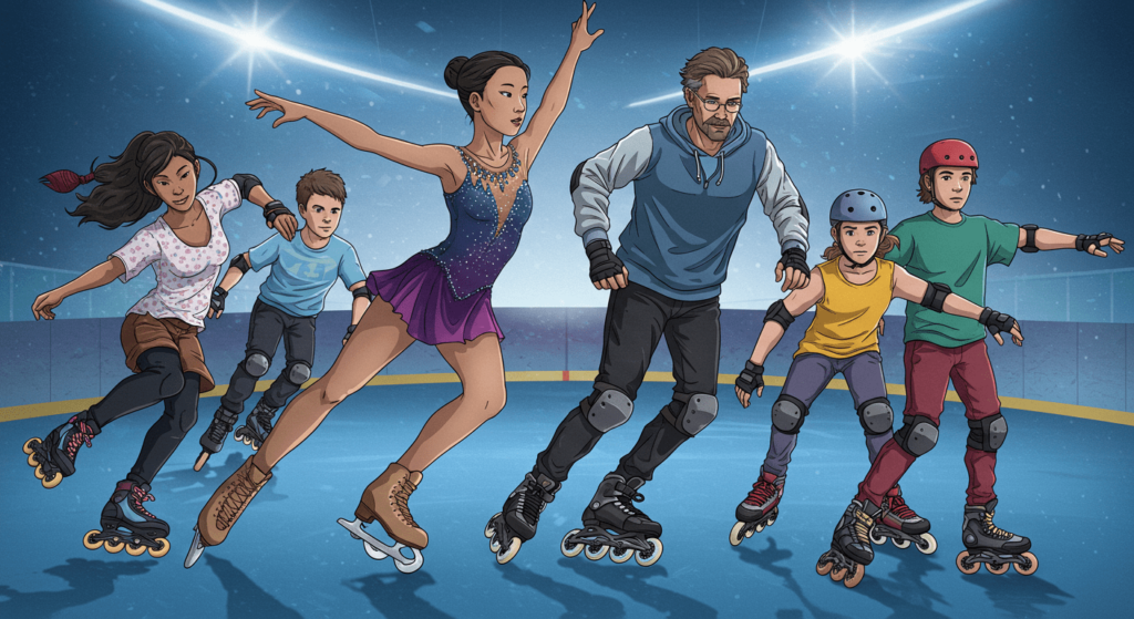 Todo sobre el patinaje: historia, estilos y tips para mejorar 6 Ilustración de grupo diverso de personas patinando sobre ruedas y patines de hielo en pista interior. Dibujo, patinaje, deporte, inclusivo, actividad recreativa. Imagen accesible para personas con discapacidad visual