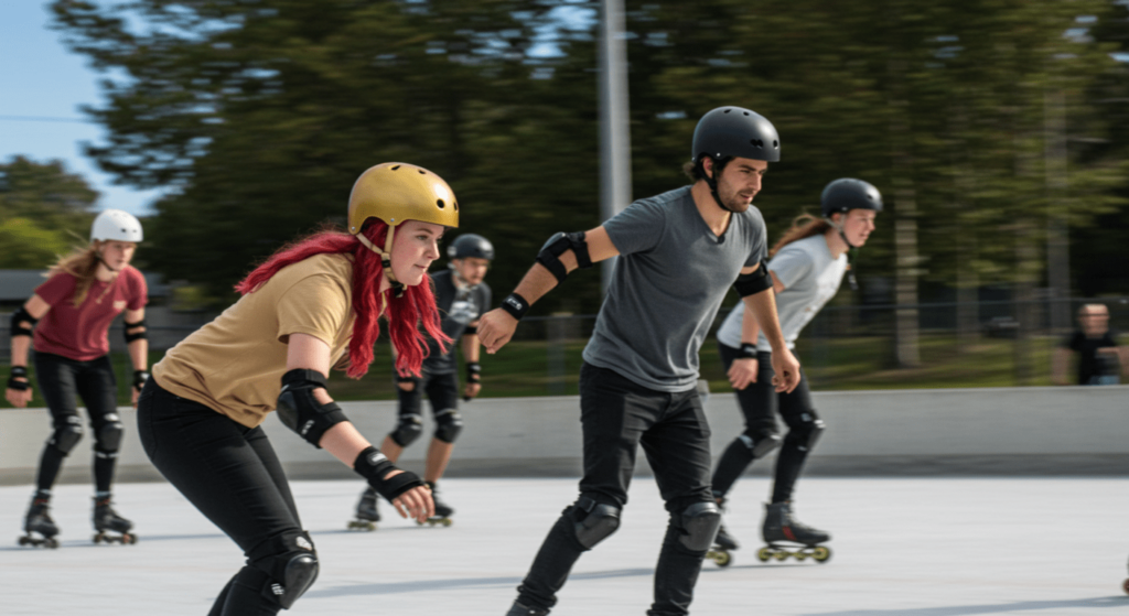 Todo sobre el patinaje: historia, estilos y tips para mejorar 4 Grupo de personas patinando con patines en línea en pista al aire libre. Patinaje, deporte, aire libre, actividad recreativa, equipo de protección. Imagen accesible para personas con discapacidad visual