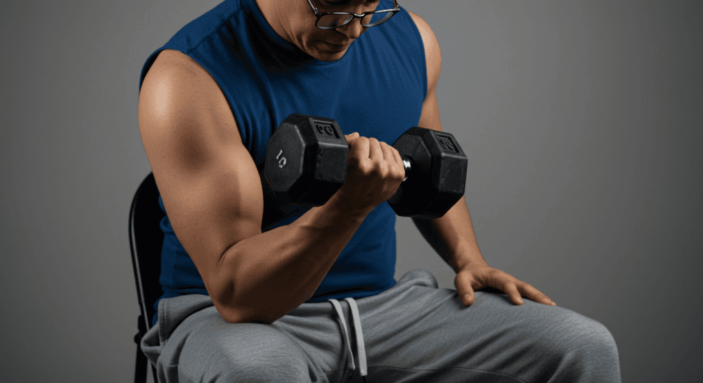 Hombre haciendo ejercicio de bíceps con una mancuerna mientras está sentado en una silla. Imagen sobre entrenamiento y vida saludable.