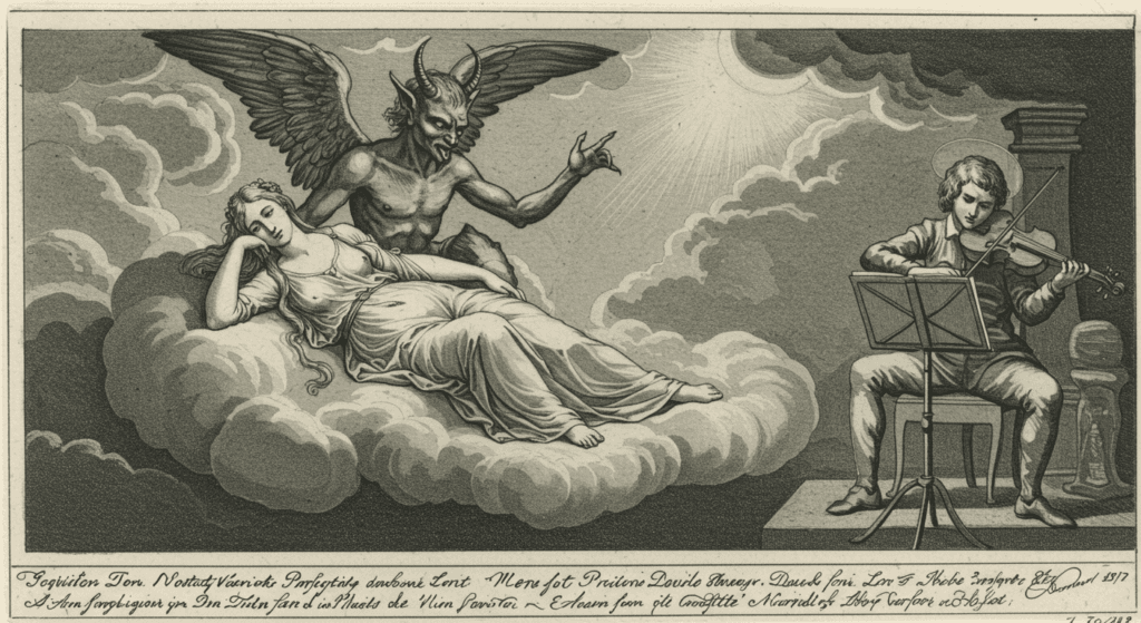 ¿Pacto con el diablo o genio del violín? La historia de Niccolò Paganini 5 "Ilustración antigua con un demonio alado, una mujer recostada y un violinista. Imagen accesible sobre arte antiguo, simbolismo religioso y composiciones alegóricas."