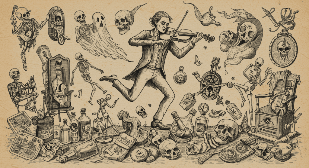¿Pacto con el diablo o genio del violín? La historia de Niccolò Paganini 7 "Ilustración antigua con un violinista rodeado de esqueletos danzantes y figuras macabras. Imagen accesible sobre arte gótico, danzas macabras y representaciones surrealistas."