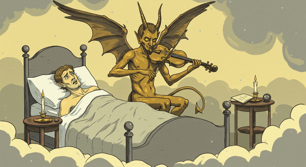 ¿Pacto con el diablo o genio del violín? La historia de Niccolò Paganini 6 "Ilustración vintage surrealista de un hombre en cama siendo visitado por un demonio violinista. Imagen accesible sobre folklore, arte fantástico y representaciones oníricas."