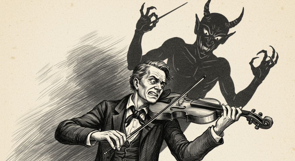 ¿Pacto con el diablo o genio del violín? La historia de Niccolò Paganini 4 "Ilustración antigua de un violinista dominado por la sombra de un demonio con batuta. Imagen accesible sobre música, folclore y arte histórico en blanco y negro."