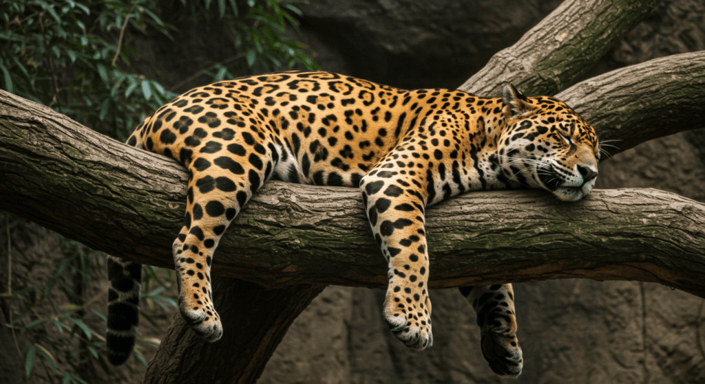 Animales que se drogan: la sorprendente búsqueda del placer en la naturaleza 7 Jaguar durmiendo en rama. Fotografía de jaguar descansando sobre la rama de un árbol en su hábitat natural. Imagen de felino salvaje