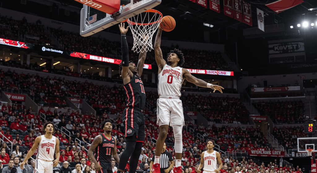 Baloncesto: De un Juego Escolar a un Fenómeno Global 3 Jugador de baloncesto intenta un mate. Jugador de Ohio State intentando canasta durante partido. Imagen de deporte.