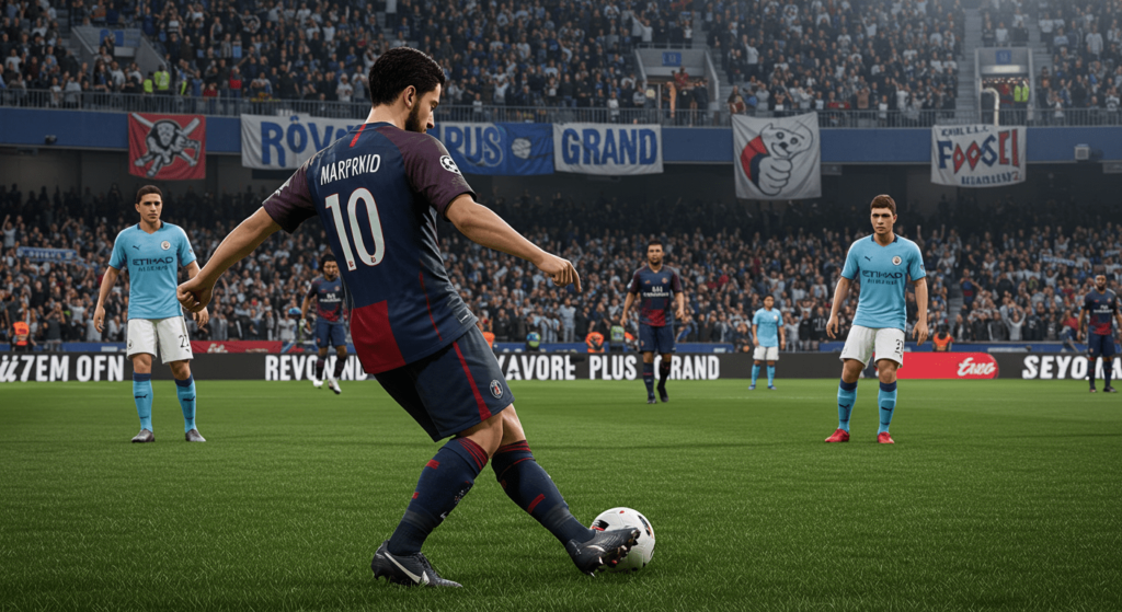 Cosas que no sabías del fútbol: datos curiosos que te sorprenderán 4 Imagen de futbolista jugando al fútbol con el PSG en un estadio lleno. Representación digital de alta calidad de un partido de fútbol, ideal para artículos sobre deportes, videojuegos de fútbol y Neymar.