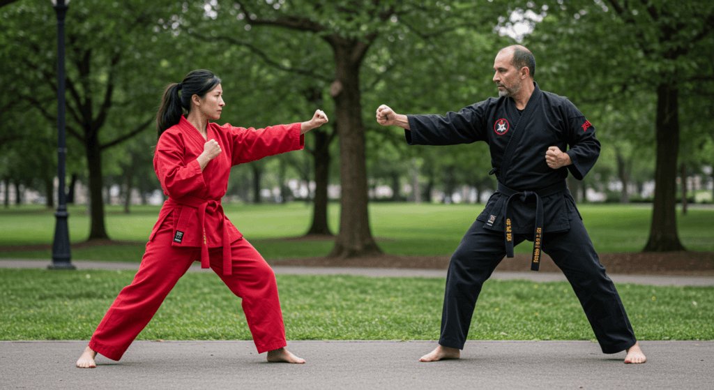 Clase de karate al aire libre. Mujer y hombre en kimono rojo y negro practicando artes marciales en un parque. Ideal para promocionar defensa personal y vida saludable.