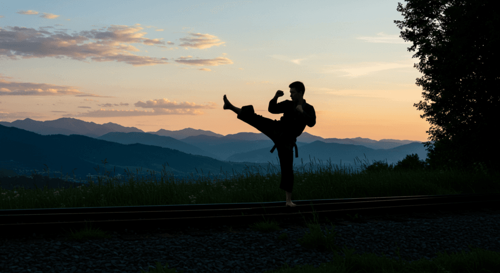 Silueta de persona practicando karate al atardecer. Imagen de entrenamiento marcial con montañas y cielo nuboso de fondo. Ideal para temas de meditación, deporte y naturaleza.