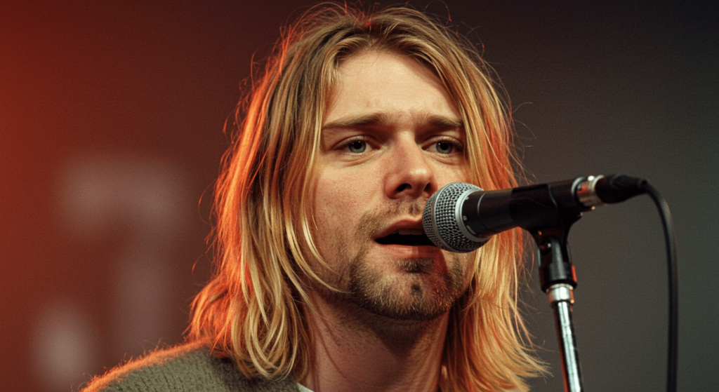 El Club de los 27: Las estrellas que dejaron huella antes de tiempo 2 "Primer plano de Kurt Cobain, cantante de Nirvana, cantando en un micrófono durante un concierto. Leyenda del grunge. Fotografía musical."