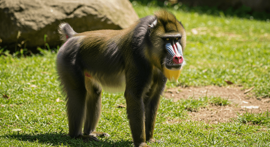 Animales que se drogan: la sorprendente búsqueda del placer en la naturaleza 4 Mandril colorido en pradera. Fotografía de cuerpo entero de mono mandril con rostro de colores vivos y trasero azul y rosa. Imagen de fauna silvestre