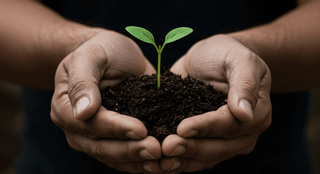 Plantas carnívoras para tu hogar: 3 especies que puedes tener fácilmente 3 Manos sosteniendo tierra con una pequeña plántula verde brotando. Imagen que evoca el cuidado de la naturaleza, el crecimiento y la sostenibilidad.