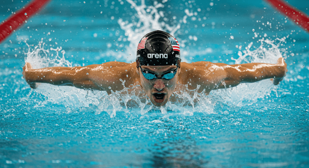 Michael Phelps nadando estilo mariposa competición piscina. Imagen de deporte.