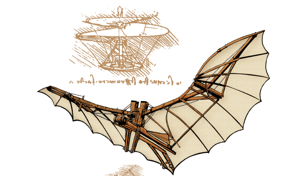 Inventos de Leonardo da Vinci: Parte 1 3 Diseño de ornitóptero de Leonardo da Vinci. Ilustración detallada de la máquina voladora con alas de madera y tela, junto con un boceto del helicóptero de Da Vinci. Arte histórico y diseño conceptual