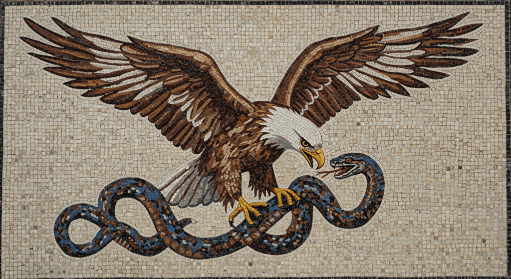 Águila: el rey del cielo y su increíble mundo 5 Mosaico antiguo representando un águila luchando contra una serpiente. Arte romano, mitología, símbolo de poder