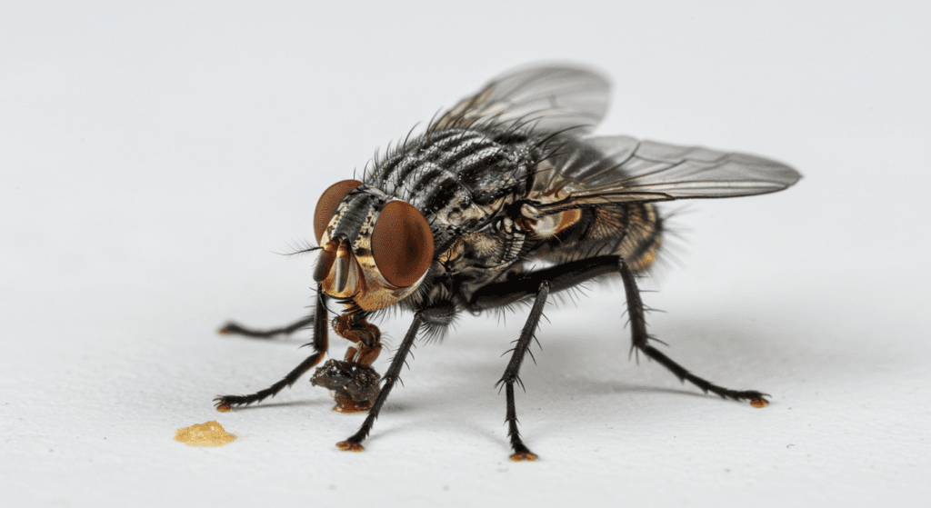 Animales que se drogan: la sorprendente búsqueda del placer en la naturaleza 5 Primer plano de mosca común. Fotografía detallada de mosca doméstica comiendo sobre fondo blanco. Imagen de insecto
