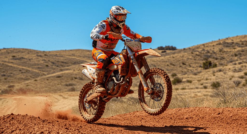 Piloto de motocross naranja KTM en salto. Imagen de deporte extremo y competición en terreno de tierra. Accesibilidad web y SEO optimizado.
