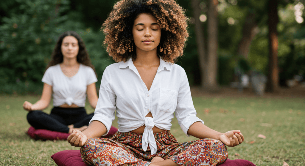 Mujer joven meditando al aire libre con ropa colorida. Práctica de mindfulness, yoga y bienestar.