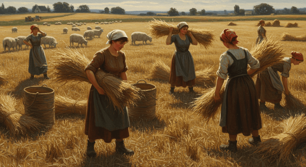 Hechos históricos que cambiaron la literatura para siempre 6 Pintura de mujeres campesinas recolectando trigo en el campo. Escena rural de la vida cotidiana. Ideal para contenido sobre historia del arte, la vida en el campo o la pintura realista del siglo XIX.