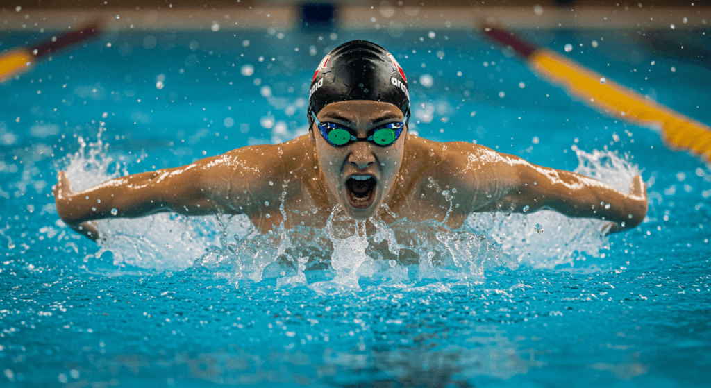 Por Qué la Natación es el Mejor Ejercicio: 12 Ventajas Claves 5 Nadador realizando estilo mariposa en piscina. Competición de natación, deporte y esfuerzo.