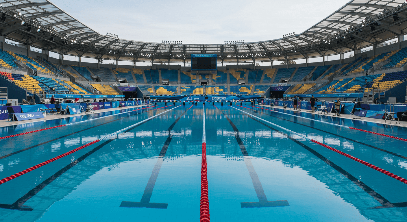Piscina olímpica vacía en un estadio. Deporte acuático, natación, preparación para la competencia