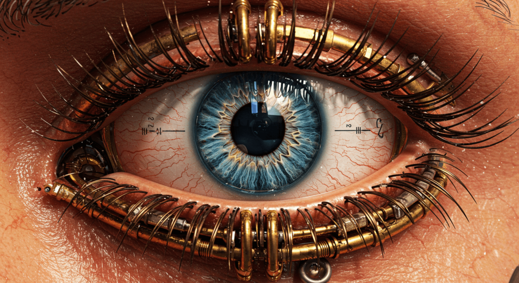 La increíble historia evolutiva del ojo: ¿Cómo llegamos a ver así? 1 Ilustración digital de un ojo steampunk. Detalle de ojo mecánico con iris formado por lente de cámara antigua, en tonos dorados y azules. Accesibilidad: imagen compleja con detalles metálicos