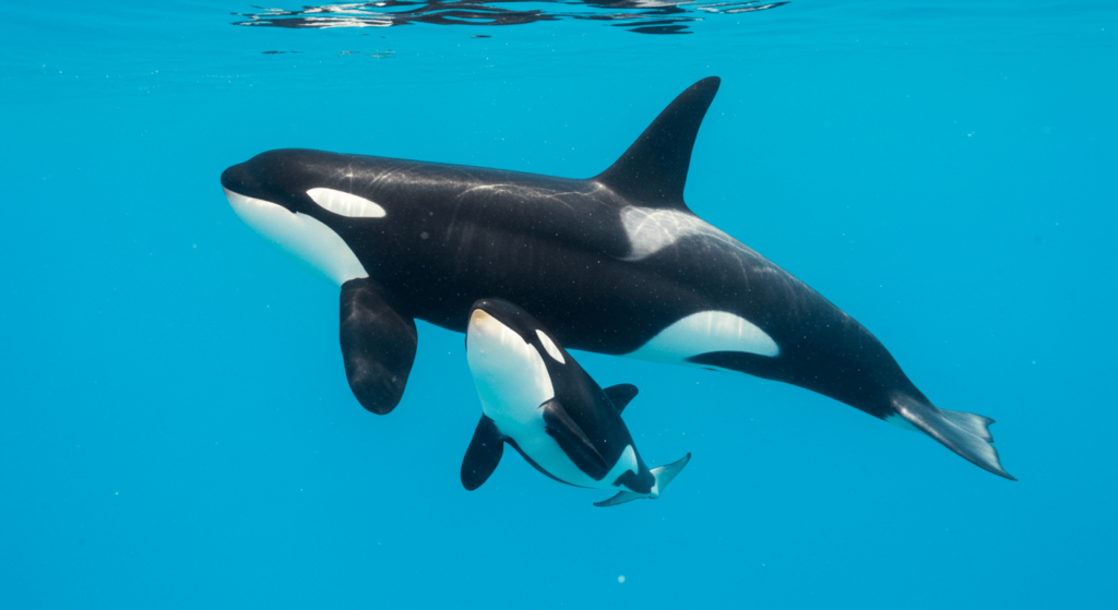 Las orcas: las "ballenas asesinas" y su fascinante inteligencia 5 Imagen de una orca adulta nadando con su cría en aguas cristalinas. La foto refleja la protección maternal y la belleza de la vida marina.