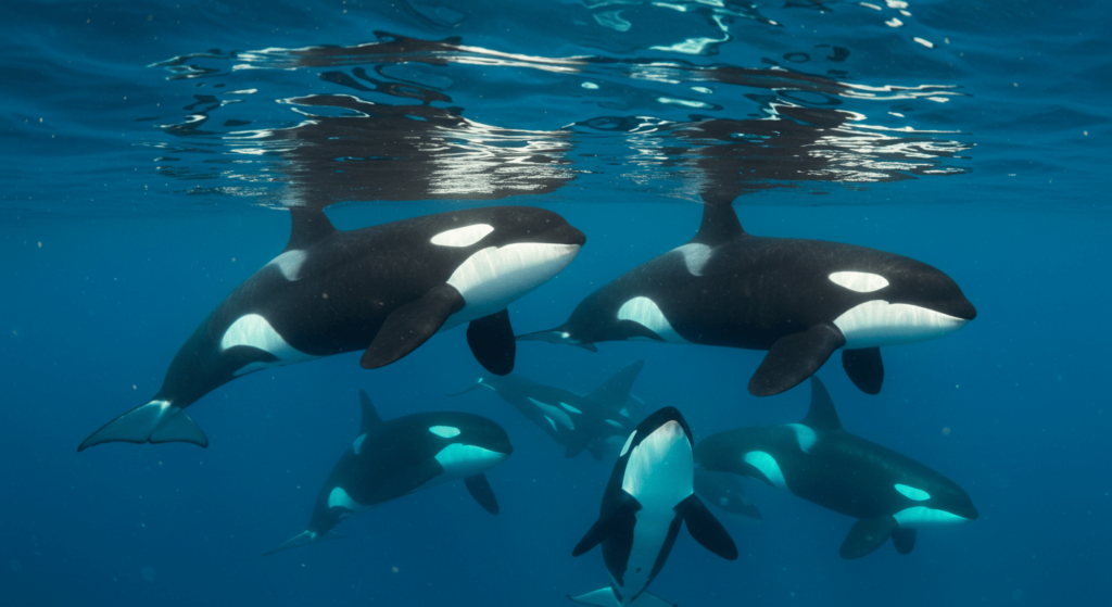 Las orcas: las "ballenas asesinas" y su fascinante inteligencia 4 Imagen submarina de un grupo de orcas nadando juntas en aguas azules. La fotografía resalta la vida marina, la importancia de la vida en grupo y la belleza de estos majestuosos animales.