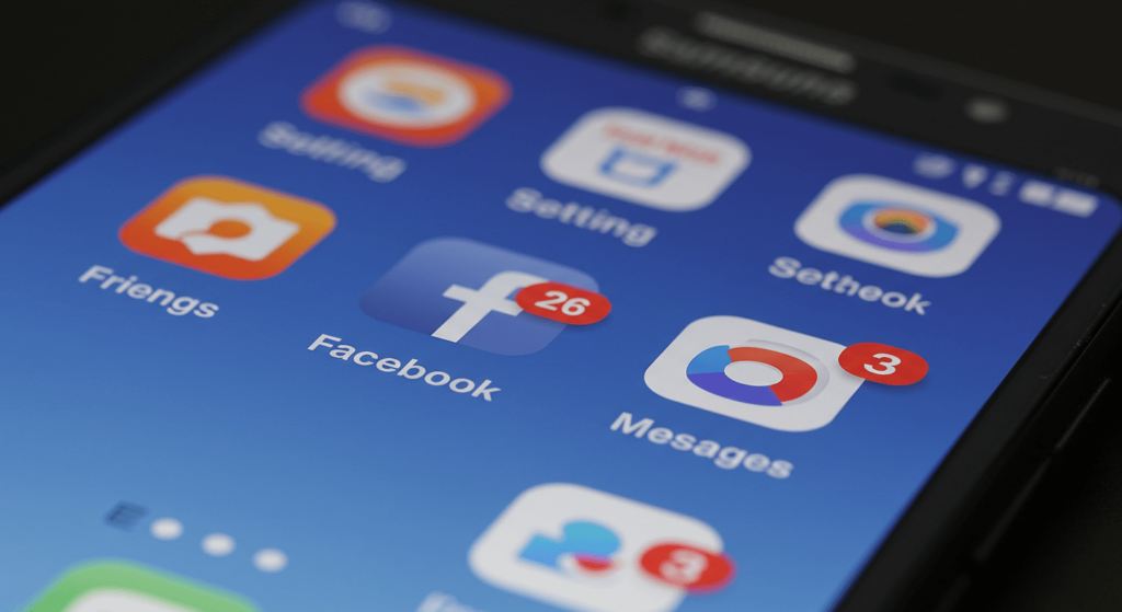 Como nació: Facebook, el rey de las redes sociales 5 Pantalla de móvil Samsung mostrando notificaciones de Facebook. Iconos de Wi-Fi, email y alertas de amigos (26) y mensajes (3). Accesibilidad y redes sociales