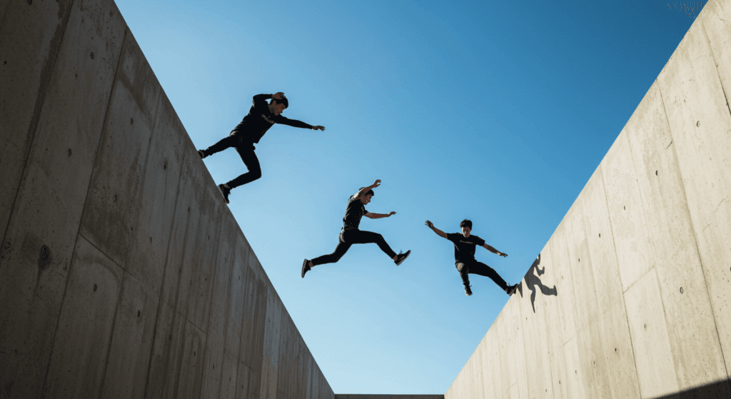 Parkour: El arte del desplazamiento 2 Acróbatas haciendo parkour entre muros. Imagen de tres jóvenes realizando saltos y acrobacias en un entorno urbano con paredes de hormigón. Ideal para promover deporte extremo, juventud y libertad.