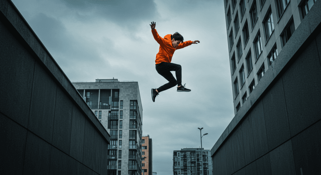 Parkour: El arte del desplazamiento 6 Hombre saltando haciendo parkour en ciudad. Imagen de atleta con fondo urbano.