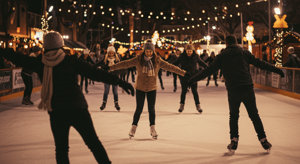 Todo sobre el patinaje: historia, estilos y tips para mejorar 1 Personas patinando sobre hielo en pista al aire libre iluminada con luces navideñas. Patinaje, invierno, celebraciones, ocio y actividades en familia. Apto para accesibilidad visual