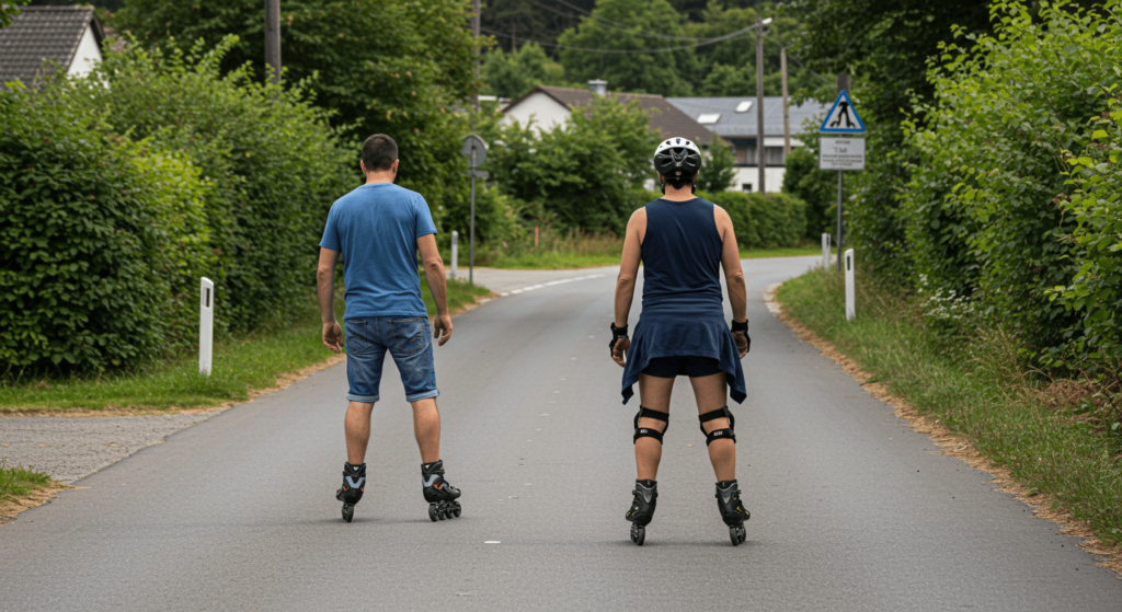 Todo sobre el patinaje: historia, estilos y tips para mejorar 5 Dos personas patinando en línea por una carretera con vegetación. Patinaje, deporte, aire libre, actividad recreativa, casco de seguridad. Imagen accesible para personas con discapacidad visual