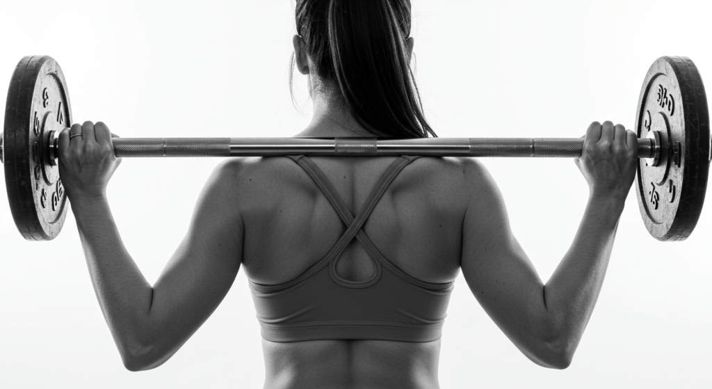 ¿Por qué nos duelen los músculos después de hacer ejercicio? 2 Mujer levantando pesas en blanco y negro. Imagen de espalda de deportista con barra en gimnasio. Ideal para promover fuerza, fitness y entrenamiento.